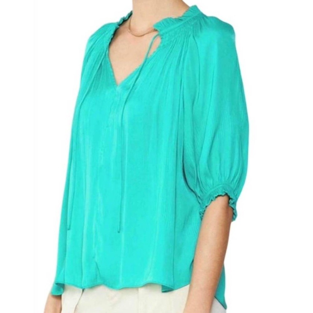 Current Air Short Sleeve Tie Front Top In Turquoise Size Xs Oversized